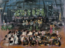 Live wedding painting created at the Country Music Hall of Fame in Nashville, Tennessee by artist Heidi HiD Schwartz of Paint Your Event, featuring the Nashville skyline backdrop, black and white checkered dance floor, live band, bride and groom dancing, and guests seated at round tables during the reception.